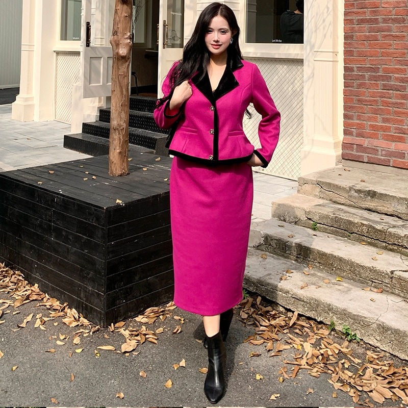 大きいサイズ XL-5XL 高級感 パープル 上下セット 着やせ フランス風 レトロ セットアッ