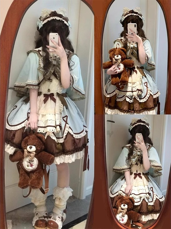 ミントチョコレートかわいいドール感ロリータスカート半袖インナーケープスーツリボンロリータスカート