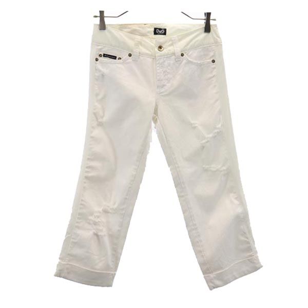 クロップド デニムパンツ w24 ホワイト ジーンズ ダメージ加工 切替 レディース