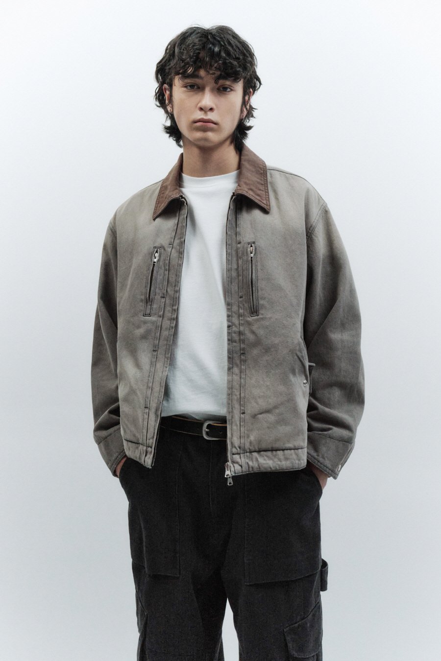 【INSILENCE】 WASHED DENIM WORK JACKET : GREY BEIGE
