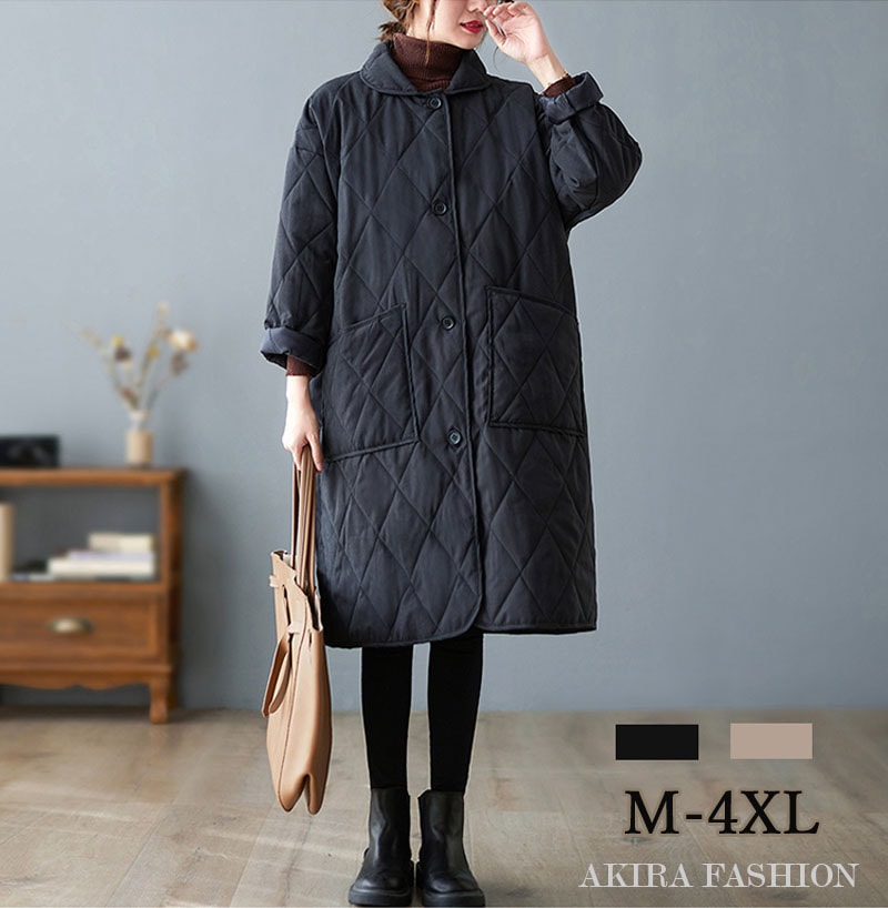 キルティングコート 中綿コート キルティング レディース ロング丈 コート アウター 長袖 丸襟 ジャケット 秋冬 ラウンドカラー ゆったり 軽量 きれいめ 無地 冬 暖かい あったか 黒