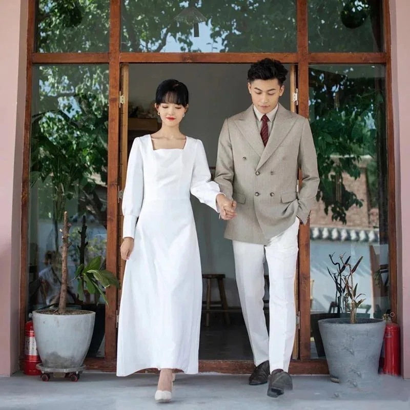 ウェディングドレス二次会結婚式ブライダルロングドレススクエアネック長袖サテン前撮り挙式花嫁リゾートウェディングドレス記念撮影シンプル