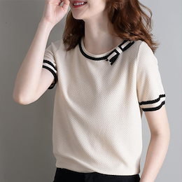 2021🌸夏新作の追加!ニット レディース 半袖 Tシャツ 着痩せ 無地 韓国ファッション 人気 シンプル ゆったり 薄手 着回し フリーサ