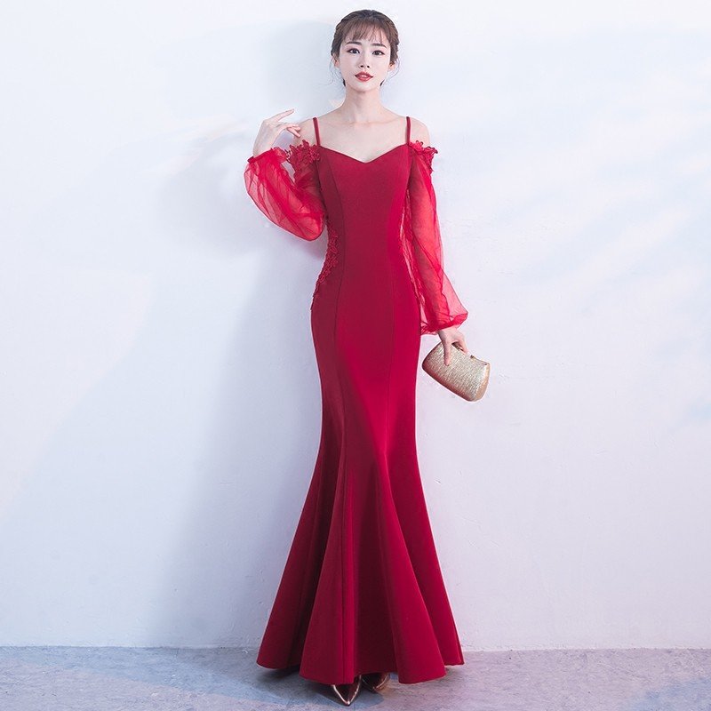 マーメイドドレス カラードレス 赤 安い パーティードレス 結婚式 二次会 ロングドレス 演奏会 長袖 イブニングドレス フォーマルドレス 大きいサイズ