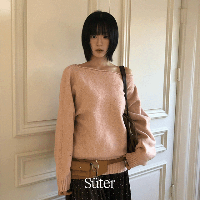 [清純フェミニン/丸みのあるシルエット] フラッフィー ワンショルダー オフショル ニット / 冬 ルーズフィット デート服 (4color)