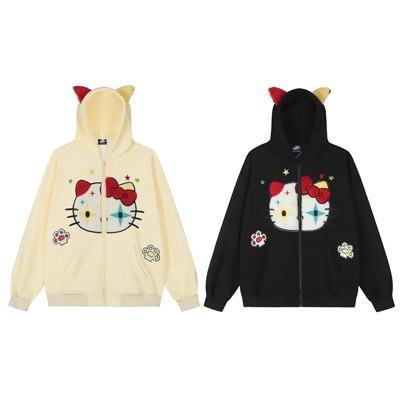 連帽衛衣女秋休みミッキーマウスプリントコートかわいい猫タオル刺繍柄綿ジャケット2024冬のゆったりカジュアル保温衣女