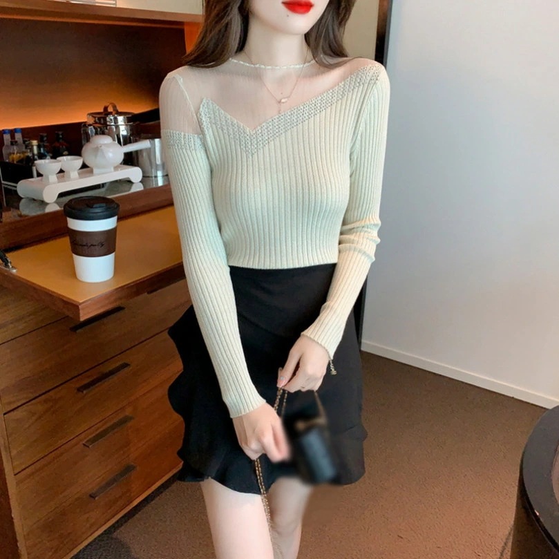 OFFクーポン ニットセーター インナー ブラウス トップス レディース カットソー 長袖 タートルネック 無地 防寒 シースルー 着回し 高伸縮 リブニット セーター シャツ フリル プルオーバー