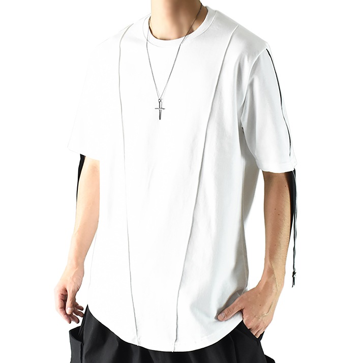 サイバーパンク 服 Tシャツ メンズ 半袖 綿100% 薄手 スウェットライク ミニ裏毛 裾ZIPライン クルーネック 丸首 トップス カットソー ラウンドカット 無地 ストリート系 モード系 6,970円
