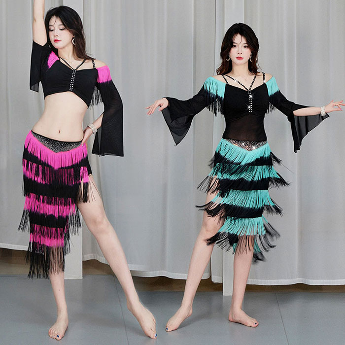 NEW 2026!ベリーダンス衣装 上下セット フリンジタッセル ダンス練習着 練功服 長袖 シースルー 肩出し スカート スリット入 ひらひら レディース ベリーダンス 競技着 ステージ衣装 練習用