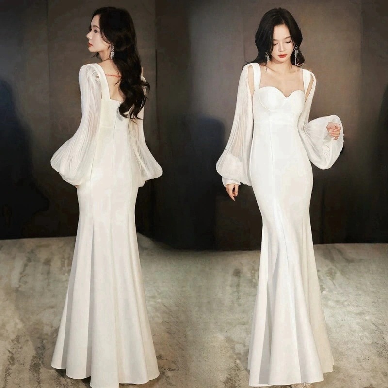 パーティードレス ワンピース ウェディングドレス 白 結婚式 ドレス 長袖 白 シンプル 無地 二次会 披露宴 前撮り後撮り 花嫁ドレス オフショル