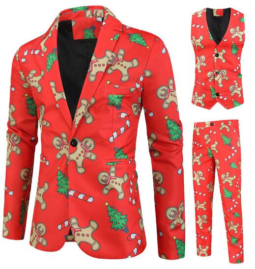 メンズスーツセット クリスマス元素プリント 舞台ダンスウェア　サンタクロース　ジレベスト　ロング丈パンツ　タキシードジャケット2点/3点セット　Christmasコスプレステージ演出服アウター　　団体