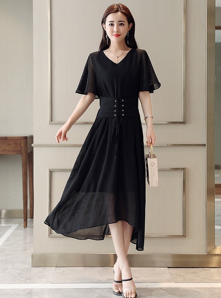 1981.Vネックウエストリボンフレアドレス（ブラック）2019 春夏 sale 春夏 sale ワンピース フリル エレガント お呼ばれ パーティー 結婚式 披露宴 女子会 レストラン デート