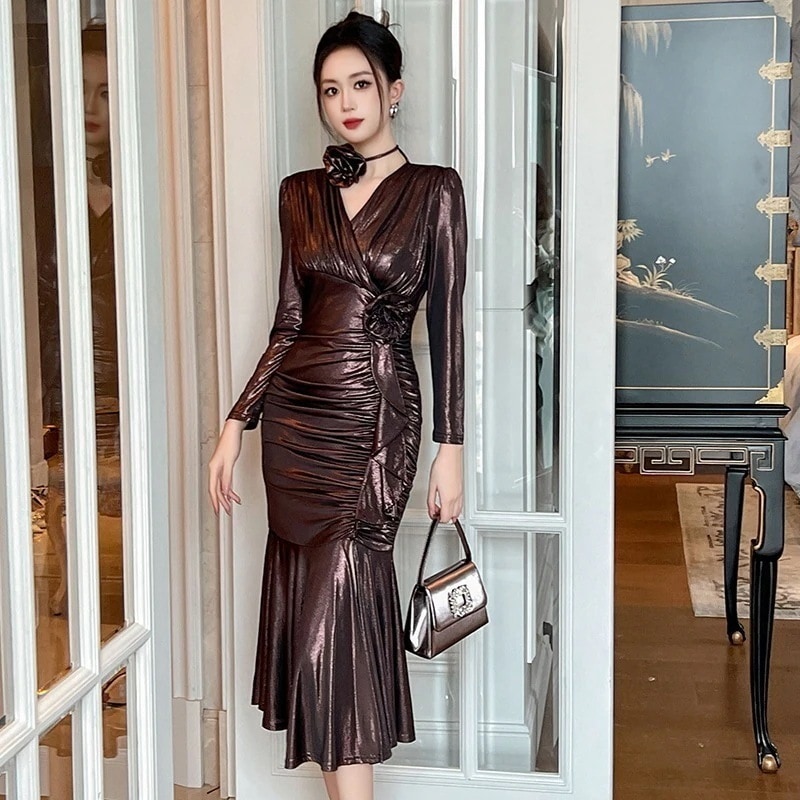 【JY.上品】 秋冬 宴会 マーメイドワンピース 皺 パーティードレス キャバ 着痩せ 大人 お呼ばれ 同窓会 披露宴 卒業式 結婚式 ウェディング 二次会 成人式30%までに制限