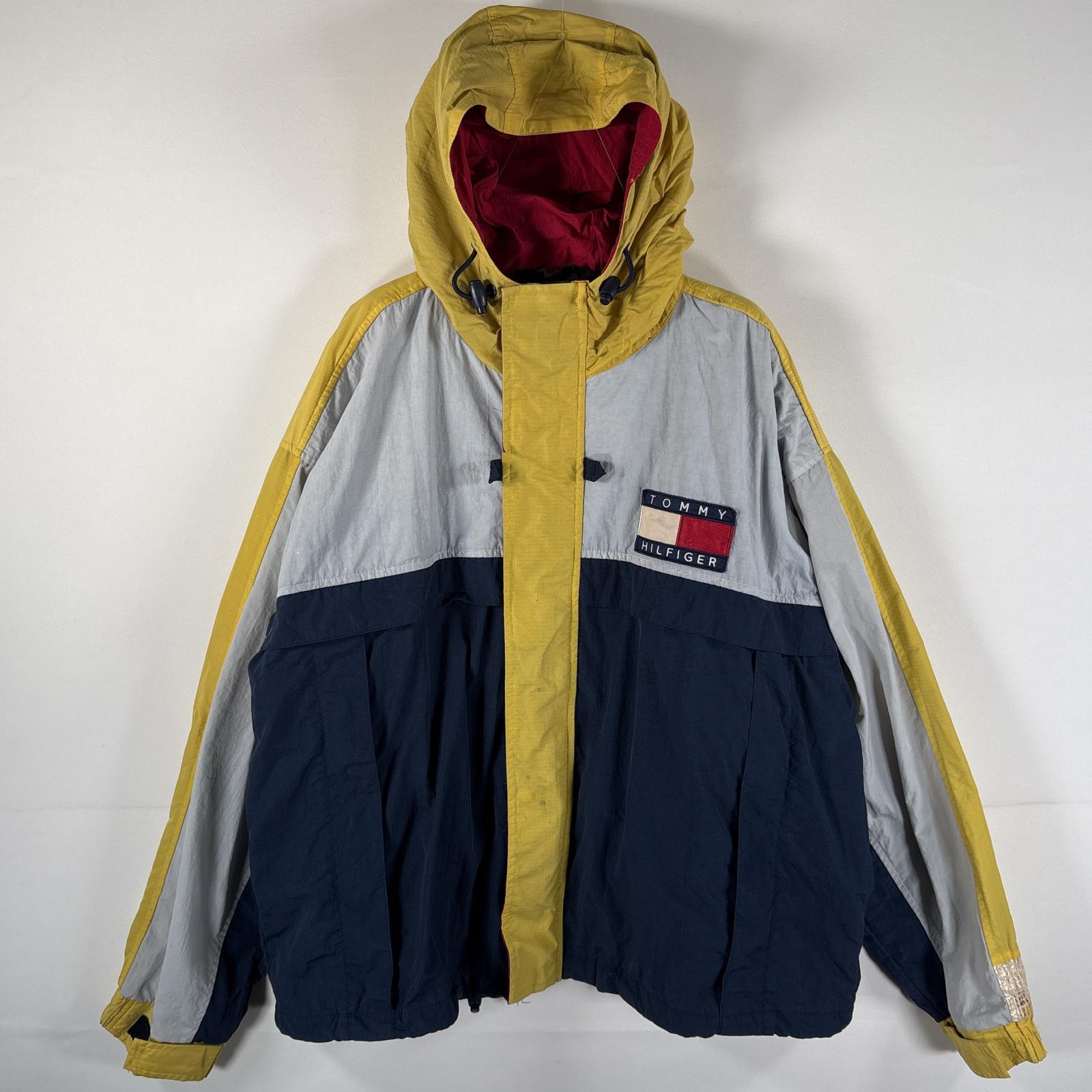 古着 90s/90年代 ナイロンジャケット 大きいサイズ サーフ系ライン ワンポイントロゴ XL ネイビー マルチカラー メンズ