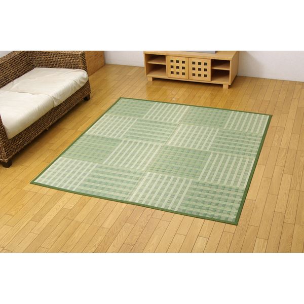 い草 花ござ/ラグマット (市松柄 グリーン 江戸間8畳 約348×352cm) 抗菌防臭効果 調湿機能 (リビング)