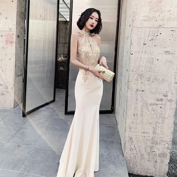 【即納】イブニングドレス ロングドレス 韓国パーティードレス ワンピース ドレス 可愛い 花柄　無地 ホルターネック 春　夏　秋　袖なし　ロング丈　マキシ丈 お呼ばれ 二次会 披露宴 パーティー き