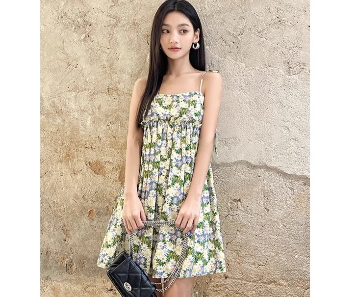 夏 レディース プリント トレジャー ドレス 個性的 ワンピース ミニ ミニ丈 ショート ショート丈 袖なし 襟なし かわいい 大人可愛い 大人 上品 おしゃれ お洒落 柄 花柄 小花柄 フラワー 春