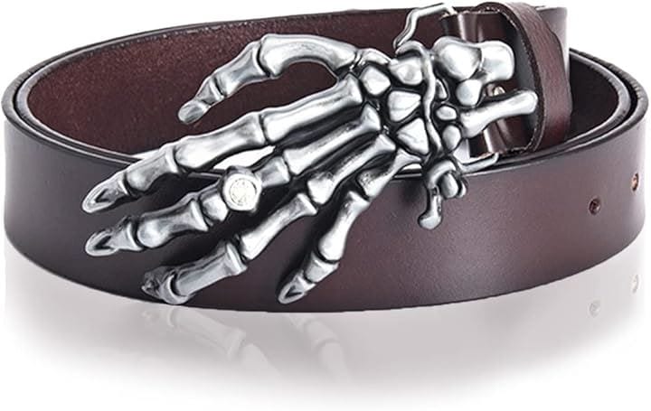 でかスカルハンド バックル レザー ベルト メンズ ドクロ メタルバックル パンク ロック バイカー (2.ブラウン, 120)