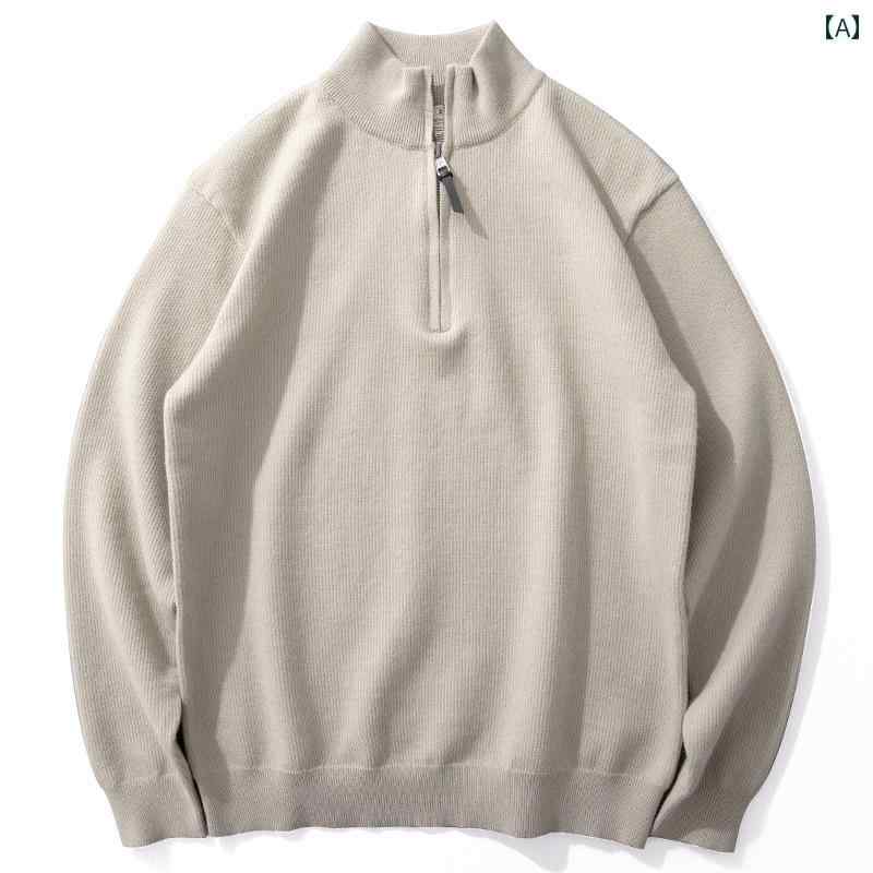 セーター メンズ ニット トップス 秋冬 ハーフジップ カジュアル プルオーバー スタンドカラー レトロ フィット グリーン グレー ブルー