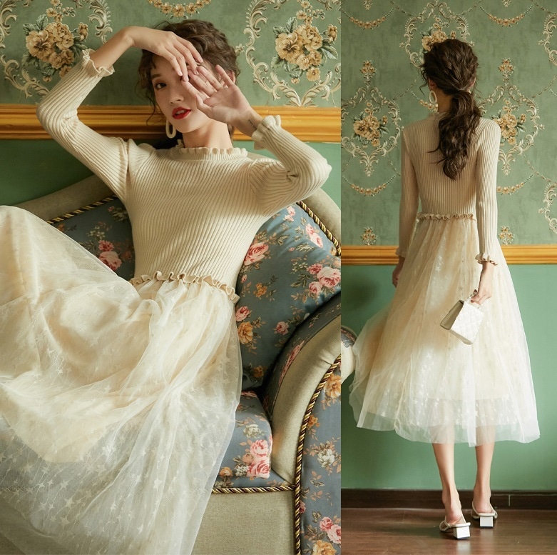 レディース ハイウエスト ワンピース 星柄 チュールスカート ウエスト切替 リブニット フリルネック フリル袖 異素材ミックス ロング お呼ばれ パーティー 大人可愛い ママコーデ