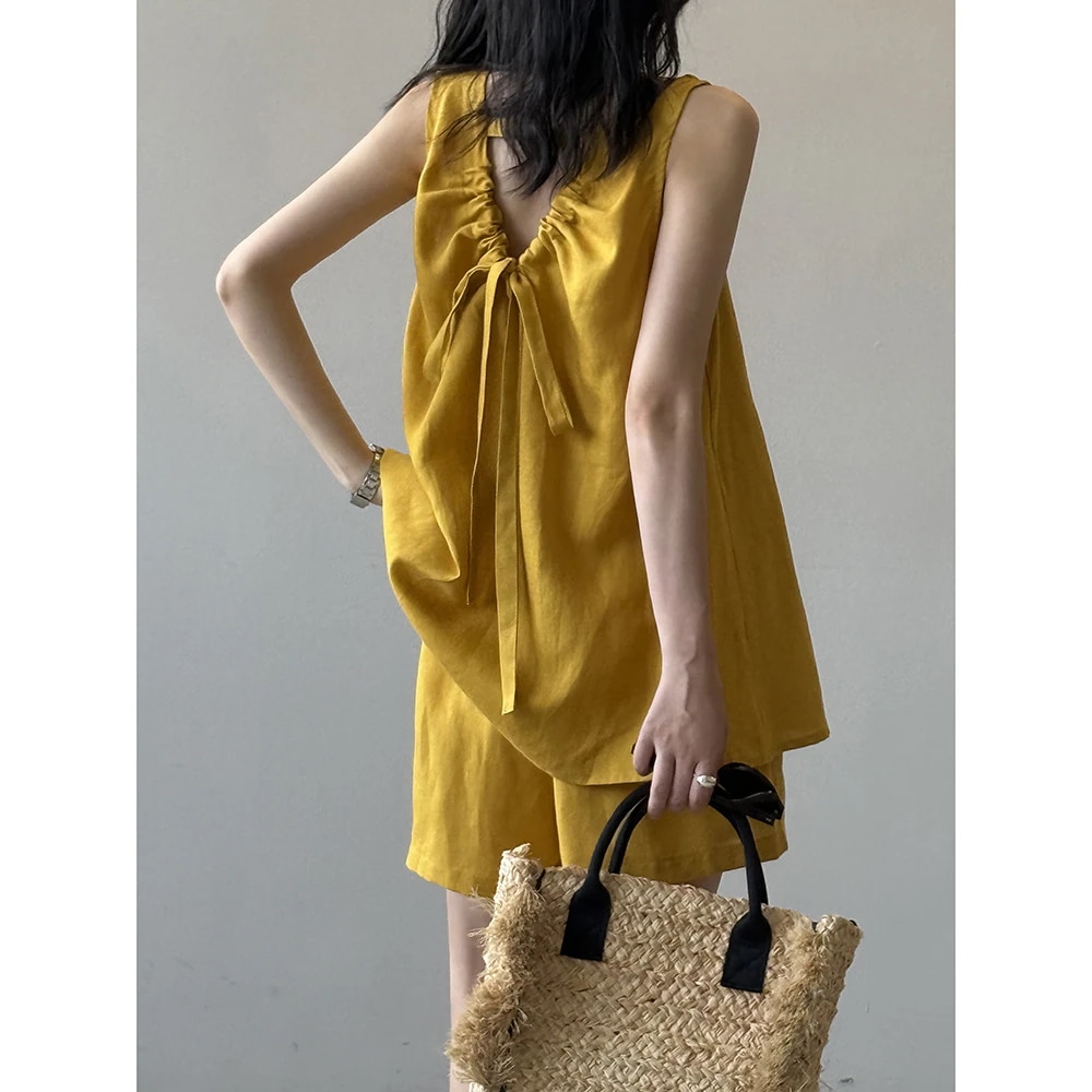 2025 夏 セットアップ リネン サマー 韓国ファッション ハイウエスト ワイドパンツ カジュアル/ショートパンツ レディース 5,084円