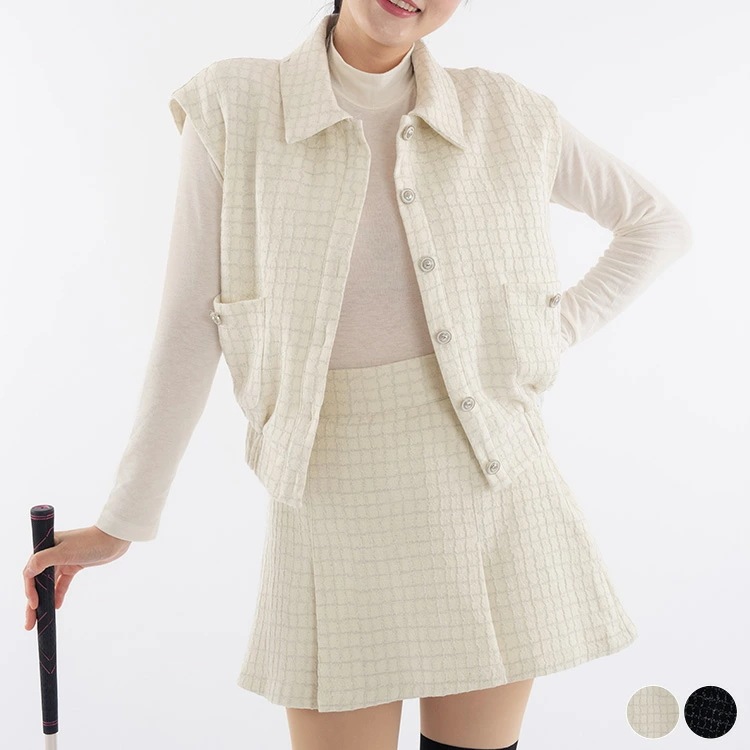 ゴルフウェア セットアップ レディース 韓国 ベスト スカート ラメ 柄 秋 冬 黒 白 ミニスカート 襟付き チェック柄 おしゃれ ゴルフ女子