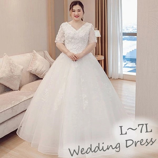 ウェディングドレス 袖あり 5分袖 大きいサイズ ぽっちゃり 白ドレス Vネック ウエディングドレス 体型カバー 着痩せ 結婚式 編み上げタイプ 刺繡 ロングドレス トレーンドレス 豪華な 花嫁 結婚