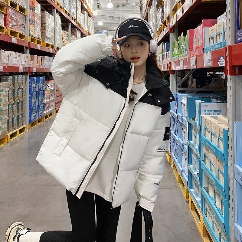 コントラストカラーのフード付きダウンジャケット女性用 2024 冬暖かいショートスモールワークジャケット