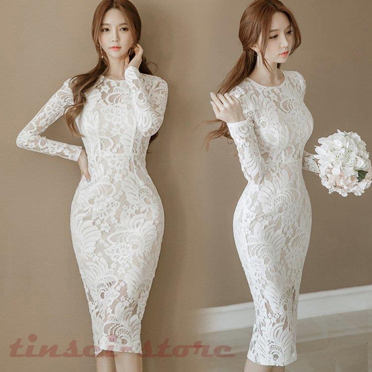 ワンピースレディース40春秋冬秋秋冬長袖ワンピース白レースワンピースシーIスルータイトスカートひざ丈オシャレ韓国風大人細身結婚式ドレスパーティー