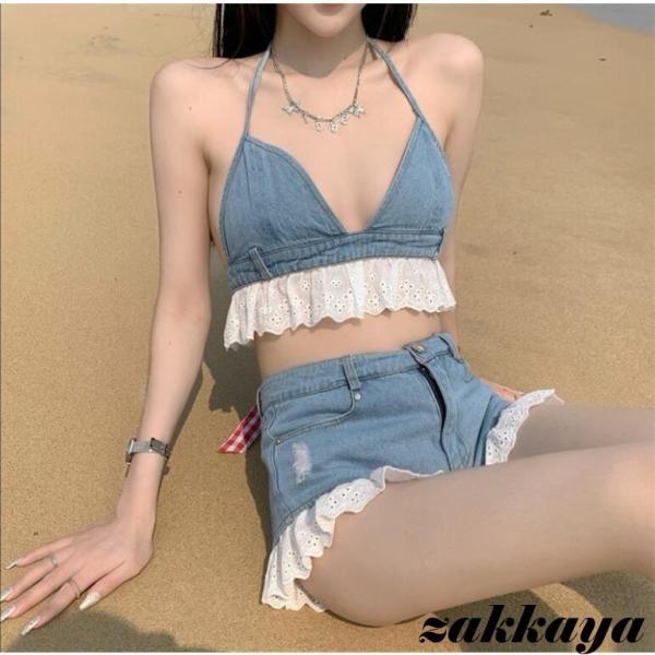 水着 レディース デニム 2点セット ショートパンツ レース付き デニムパンツ タンキニ 可愛い ビキニ bikini 海の日 通販