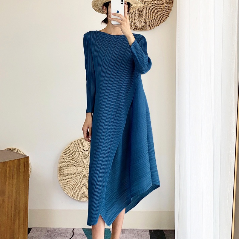 市高級婦人服長袖ワンピース秋高級しわ筋理スカート女