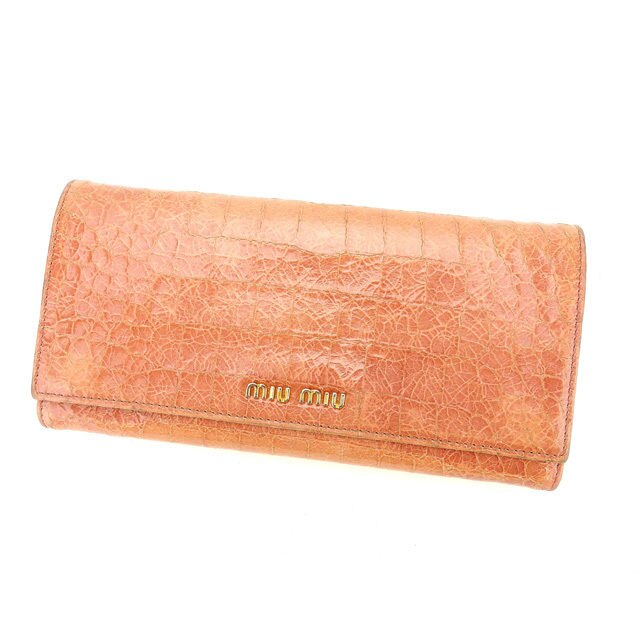 ZIP長財布 二つ折り財布 クロコダイル型押し ピンク 中古