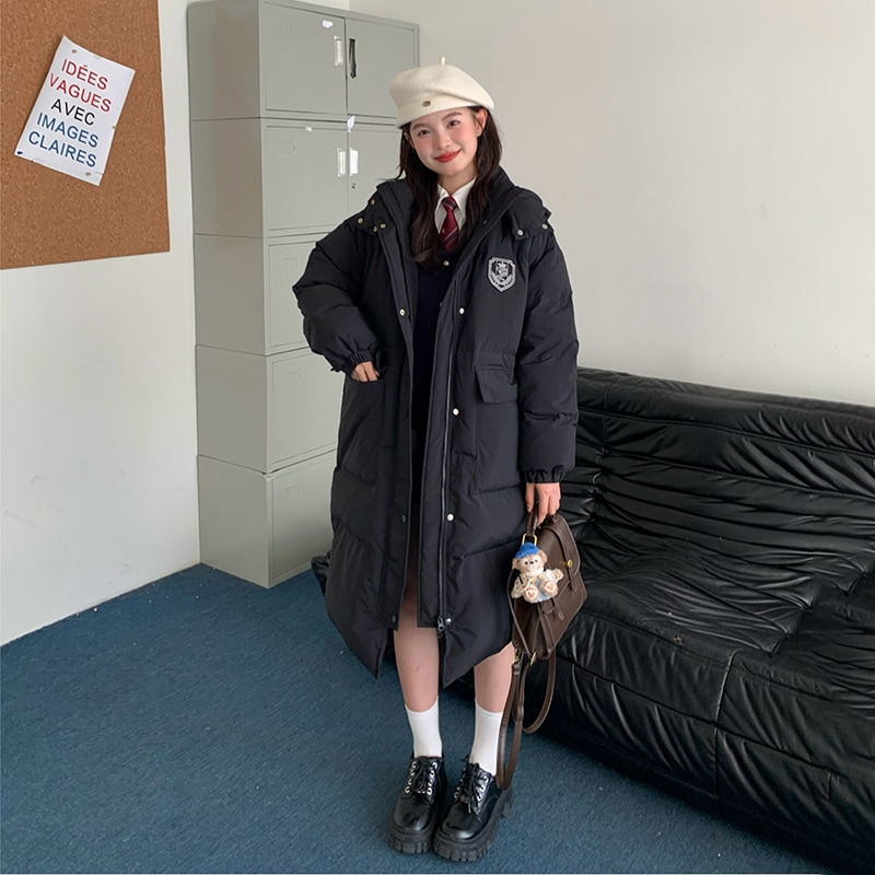 藤野隆 ダウンジャケット 冬 ロング カレッジスタイル フード付き ブラック 女性用 小柄 暖かい ジャケット JK