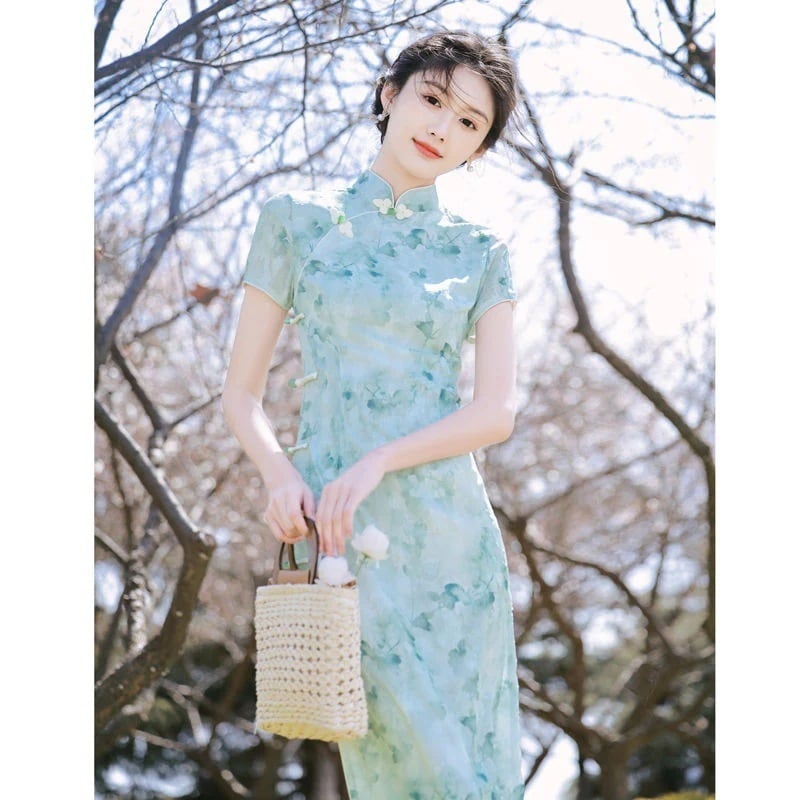 グリーン チャイナドレス 改良 ガールズワンピース ヤングスタイル ロング シフォン 夏 母の日 プレゼント 5,154円