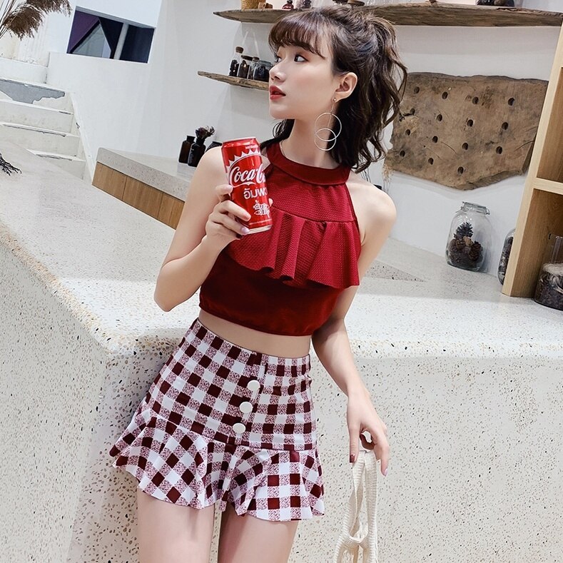 水着 ビキニ スイムウェア タンキニ 体系カバー水着 スカート セパレート ホルターネック 体系カバー リボン フリル レースアップ ウエストマーク バックシャン バックコンシャス ハイウエスト 編み