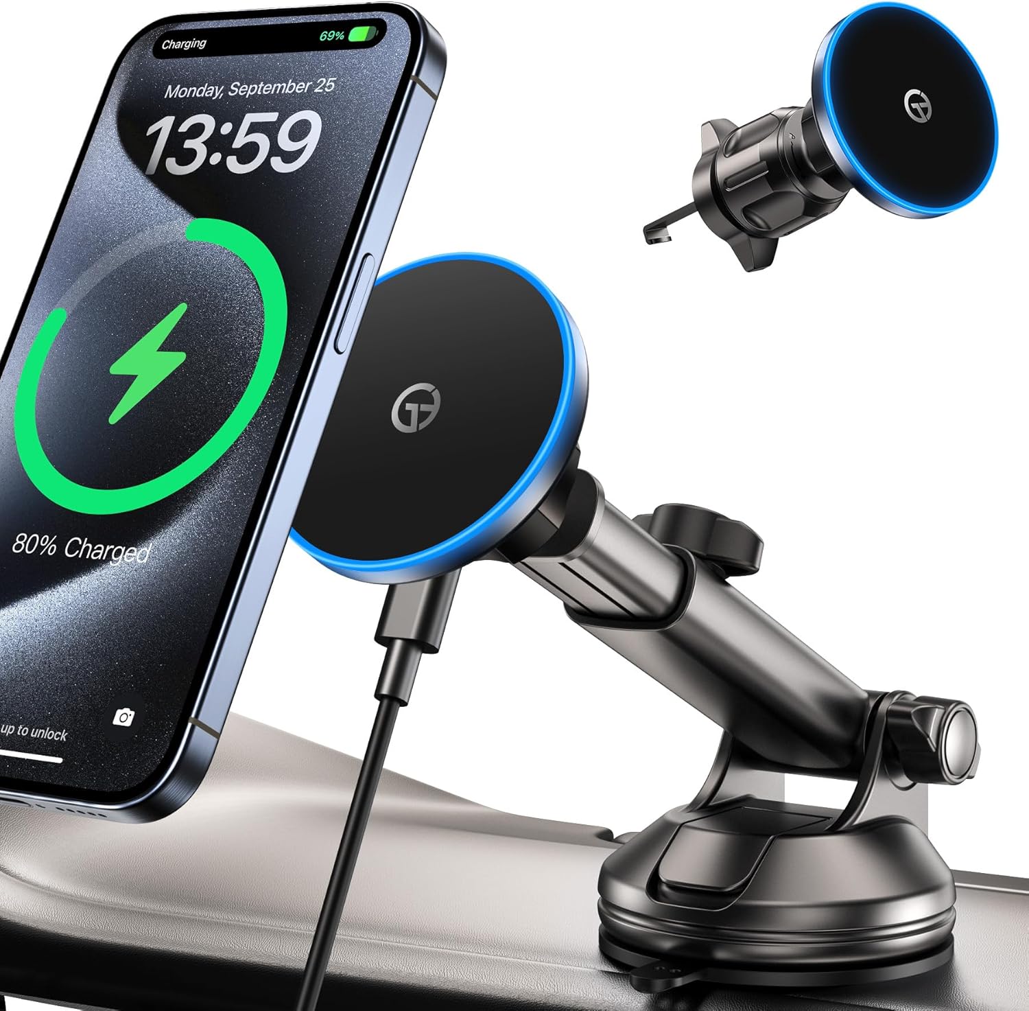 車載用ワイヤレス充電スマホホルダー マグネット式 15W対応 真空吸盤と伸縮アーム付き 360度調整可能 LEDライト内蔵
