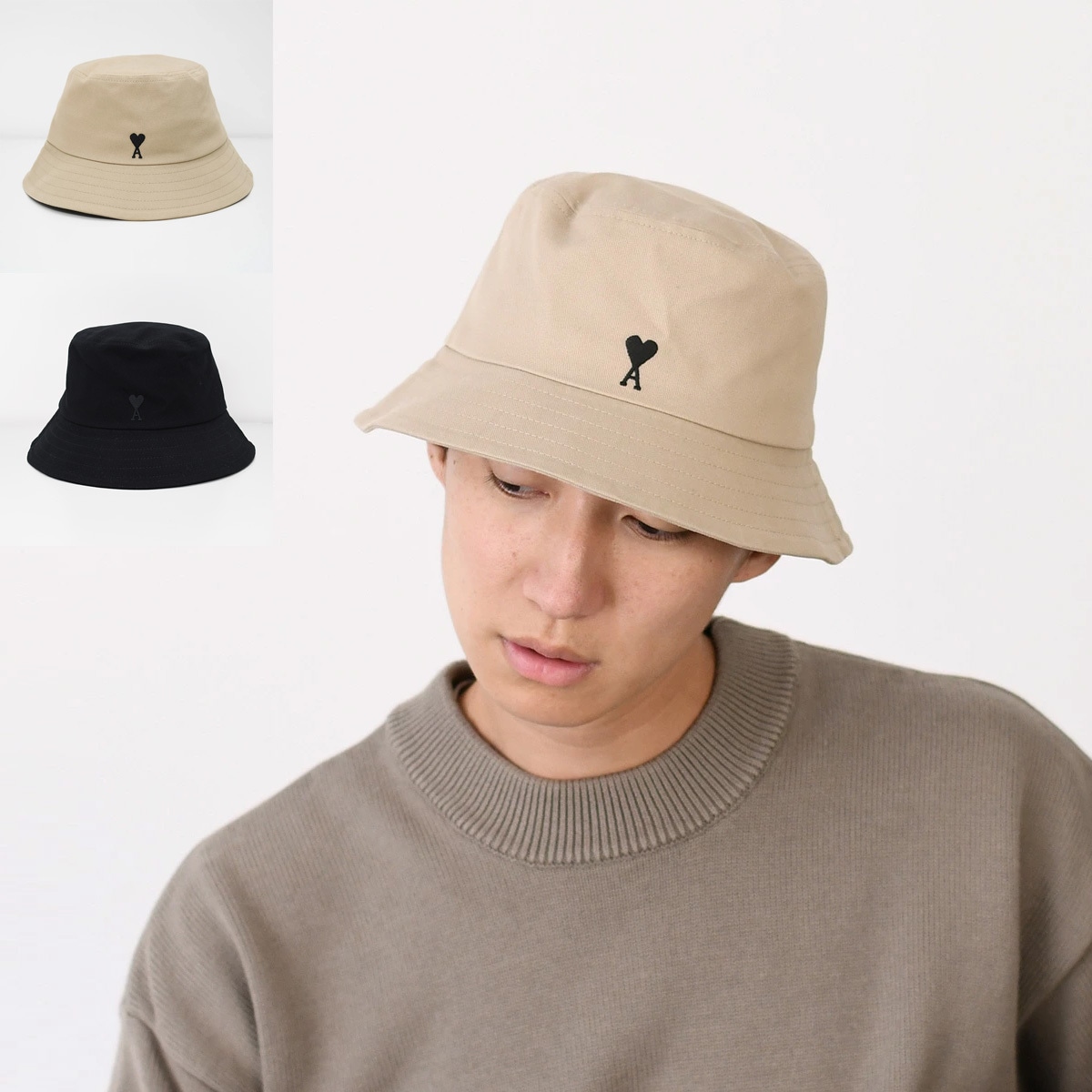 帽子 コットン バケットハット UHA666 AW0041 メンズ ユニセックス ベージュ ブラック ロゴ シンプ