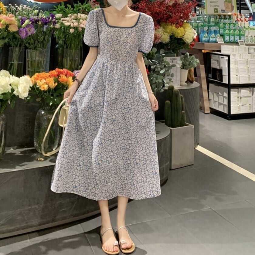 ワンピース 上着 人気 おすすめ おしゃれ お洒落 激安 安い プチプラ 半袖 スクエアネック パフスリーブ ウエスト ボリュームスリーブ 背中開き 柄 プリント 花柄 ポリエステル lon