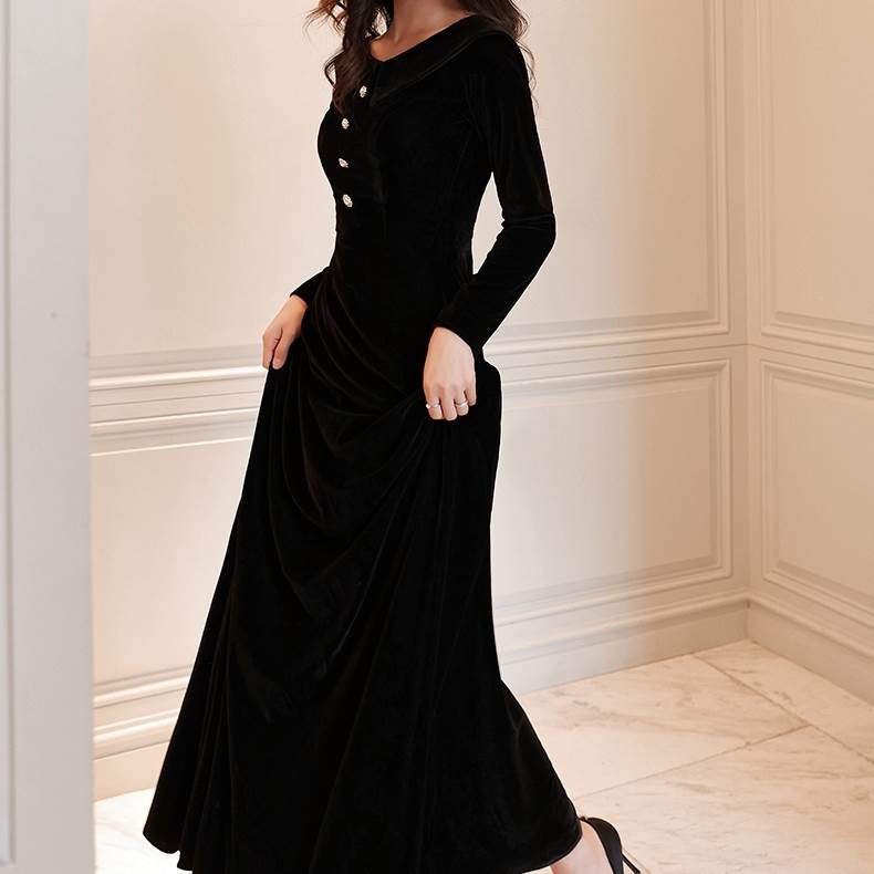 2色 ロング ドレス パーティードレス 個性的 黒 赤 袖あり ベルベット 秋 冬 結婚式 二次会 お呼ばれ フォーマル 演奏会 ピアノ 発表会 ドレス 大人 かっこいい シンプル 無地 長袖 可愛い 8,755円