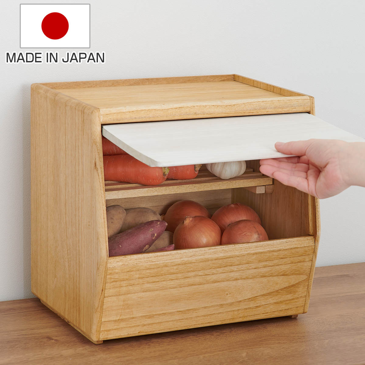 野菜ストッカー KIRISAI 桐のやさい櫃 桐 根菜 野菜 収納 保管 野菜収納 天然木 調湿 日本製 キッチンストッカー 常備野菜 保存 すのこ棚 2段 桐箱 防虫 取り出しやすい