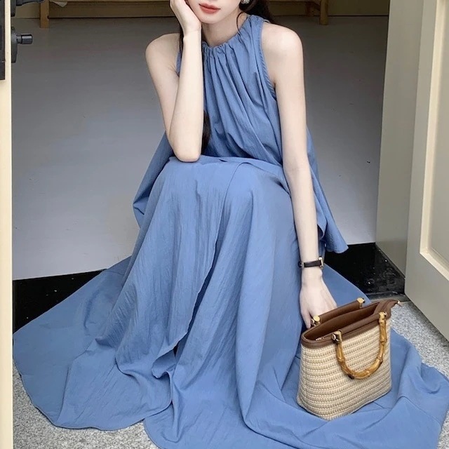 2024夏 韓国セットアップ シャツ ホルターネック ノースリーブ スカート ロング丈 Aライン ゆったり 細見え 夏 青 黒 きれいめ おしゃれ かわいい 韓国ファッション レディース お出かけ安い