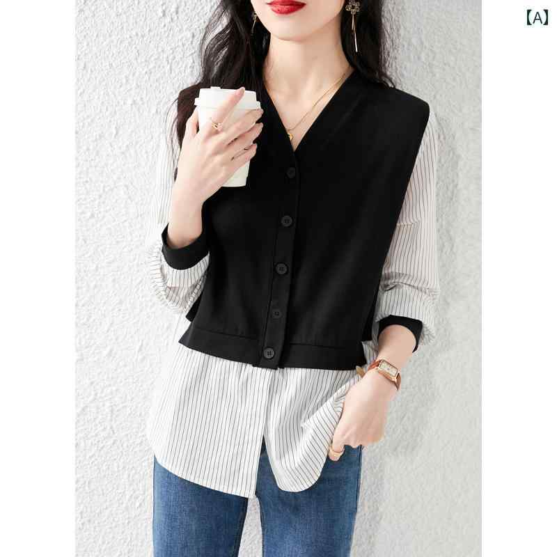 レディース トップス カジュアル おしゃれ 秋 Vネック フェイクセットアップ 重ね着風 Tシャツ 体型カバー スリム カラー カジュアル ストライプ トップス 5,965円