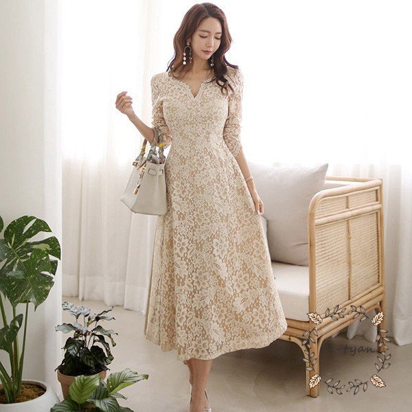 パーティードレス 結婚式 40代 20代 ロング 袖あり 長袖 韓国風 大きいサイズ フォーマルドレス レースワンピース Vネック お呼ばれ 二次会 披露宴 謝恩会 上品