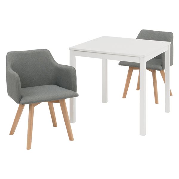 ダイニング3点セット[テーブル（75x75cm ホワイト）x１ 肘付きチェア（グレー）x２] 組立品