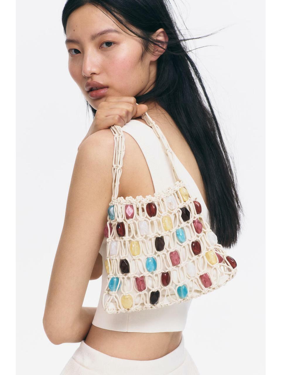 H&M ビーズディテールネットハンドバッグクリーム 1341768001