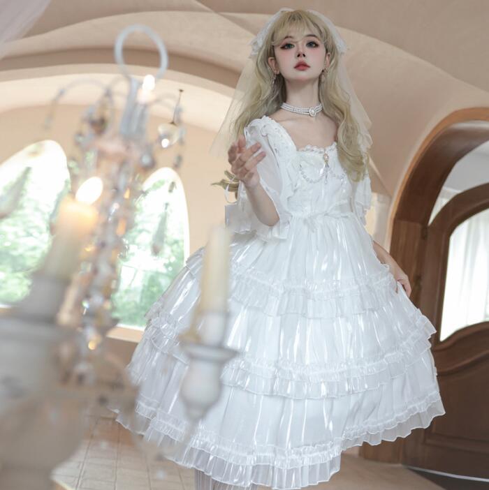 ロリータワンピース Lolitaドレス　レディース　キャミソールドレス 仙女風　羽織　Aライン　重ねフリル　ゴスロリ スカラップワンピース 萌え 姫 ノースリーブドレス キュートなロリータ服 可愛いワ