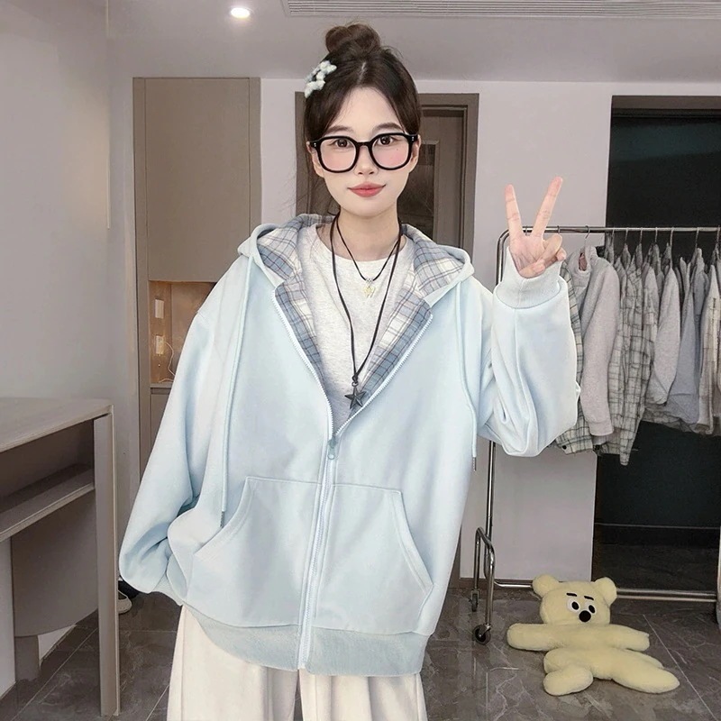 韓国ファッション 人気アウター アメリカンチェックのパッチワーク連帽ガーディアン25ジップカーディガンカジュアル薄手アウター パーカー