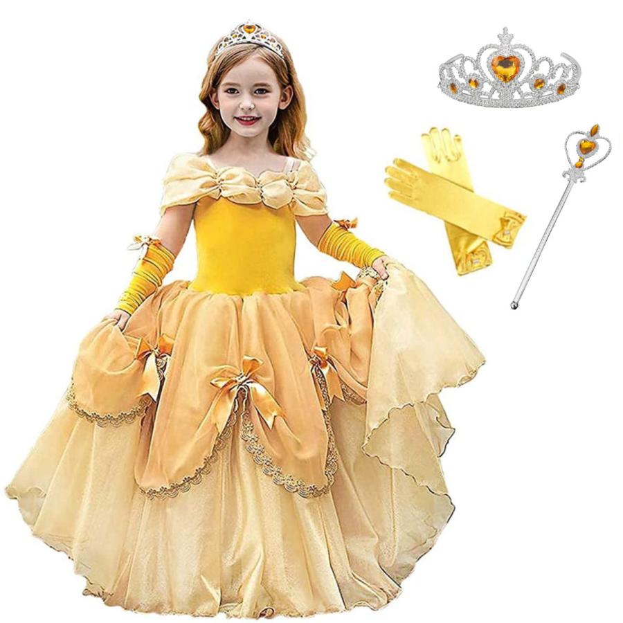 NEW TYPE登場 即纳ベル ドレス 子供 コスプレ 衣装 美女と野獣 豪華５点 セット ( プリンセス ドレス アームカバー グローブ ティアラ ステッキ ) 100 110 120 130 14