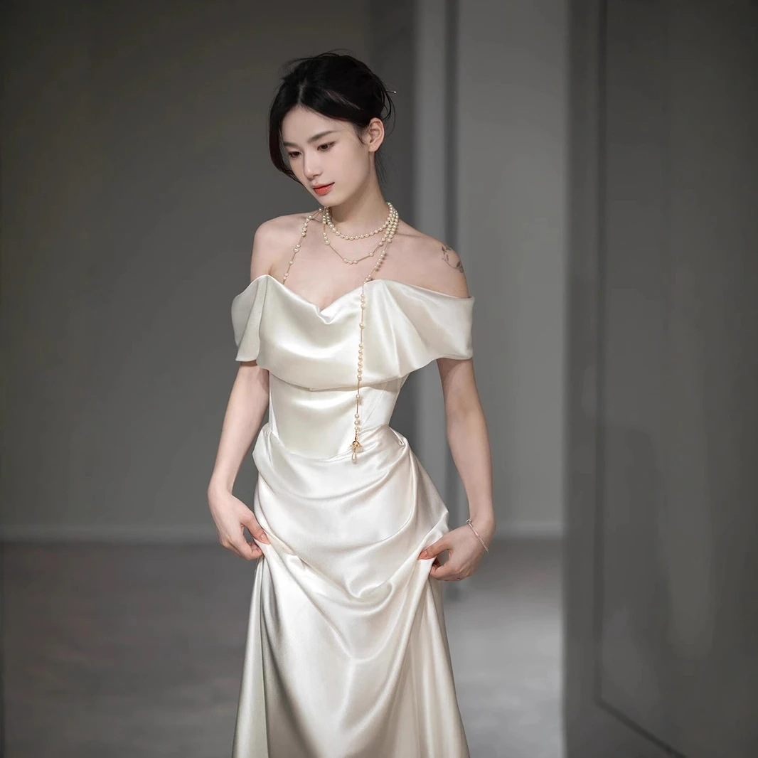 秋 ドレス 新作 春 夏 オフショルダードレス キャミソール ウェディングドレス 結婚式 韓国ファッション 白 ロングワンピース 二次会 レディース