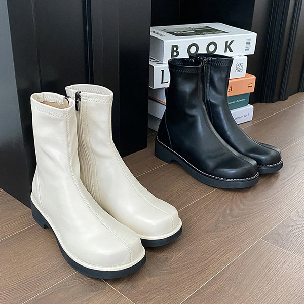 ショートブーツ オブリークトゥ サイドジップ フラット レディース 黒 アイボリー